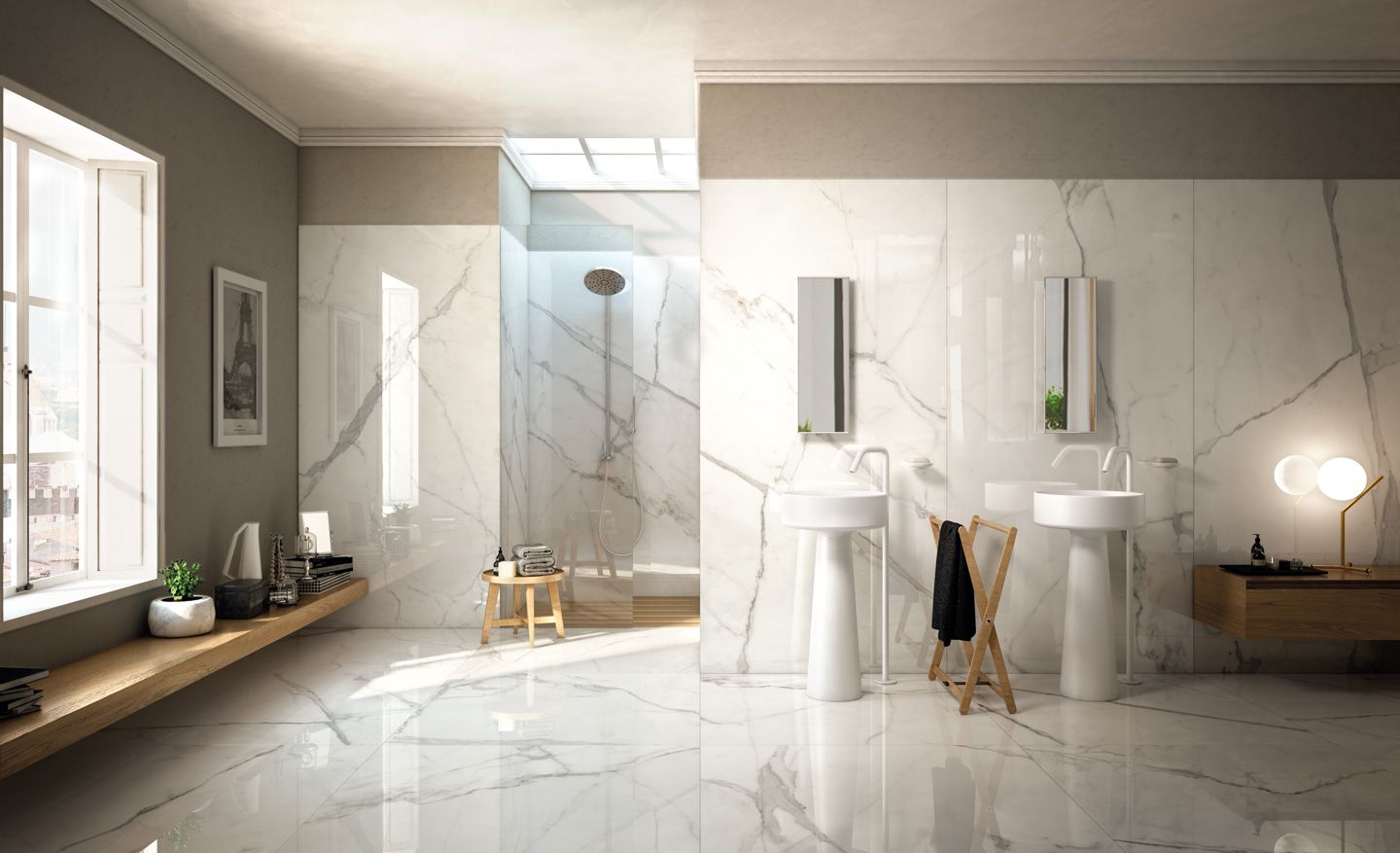 Marmerlooktegels en een modern klassiek interieur